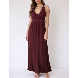Vine and Valley Women's Burgundy Midi Strappy Lace Bodice Dress Size Large